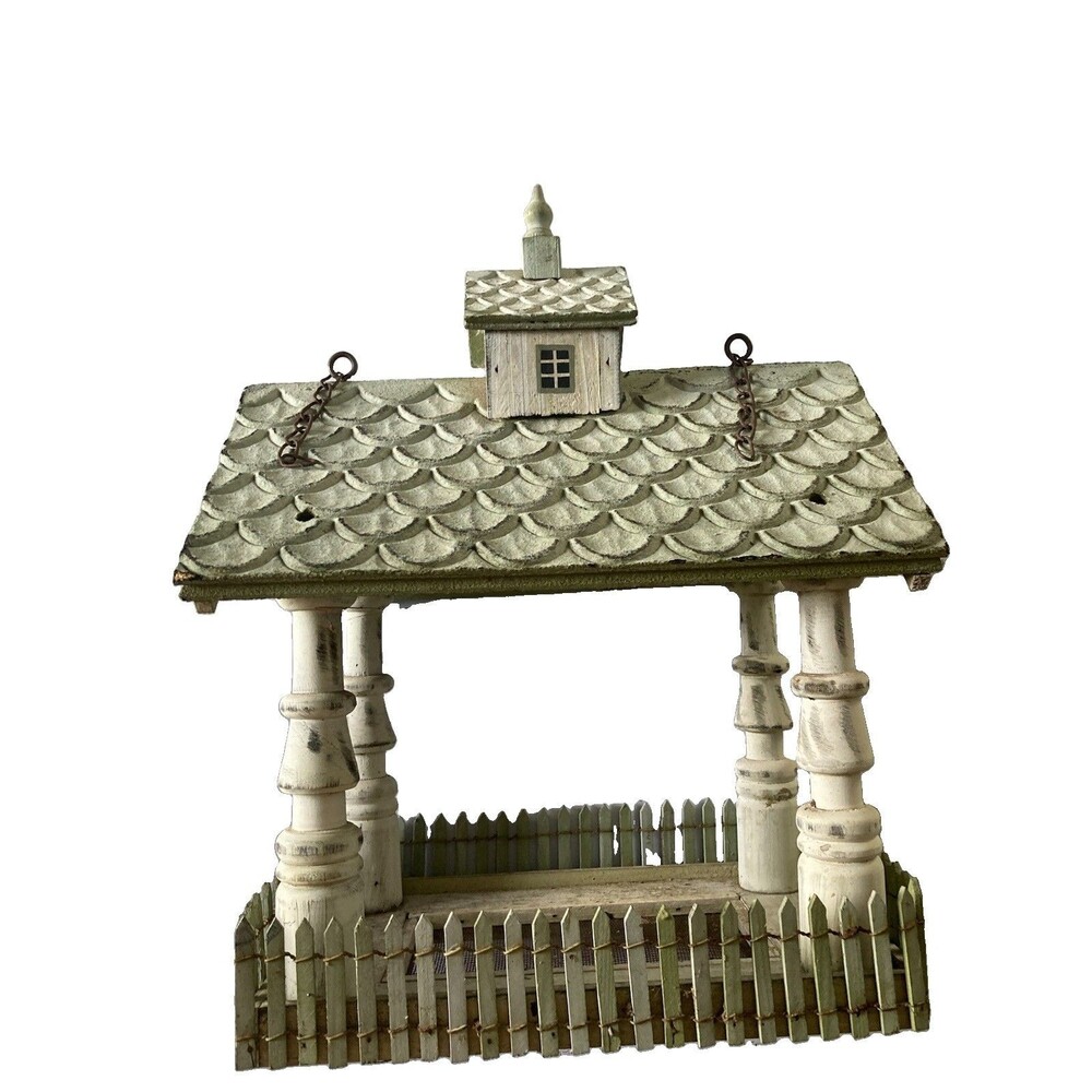 Rustic Birdhouse Tower Farmhouse Fenced Sage Cream Good Condition Wood - Picture 3 of 14